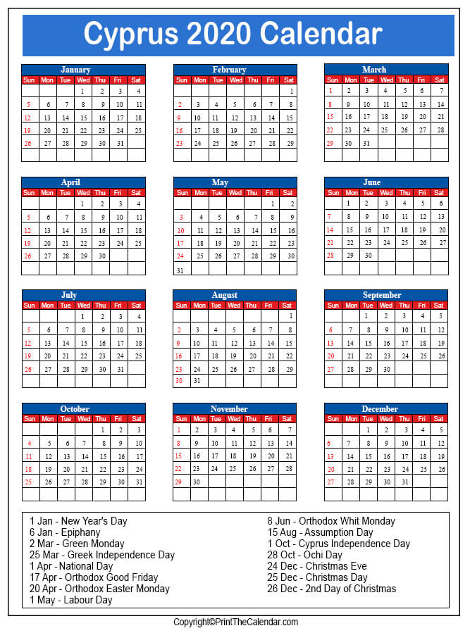 Cyprus Printable Calendar 2020